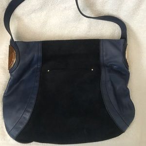 Blue suede B.Makowsky hand bag with gold accessories